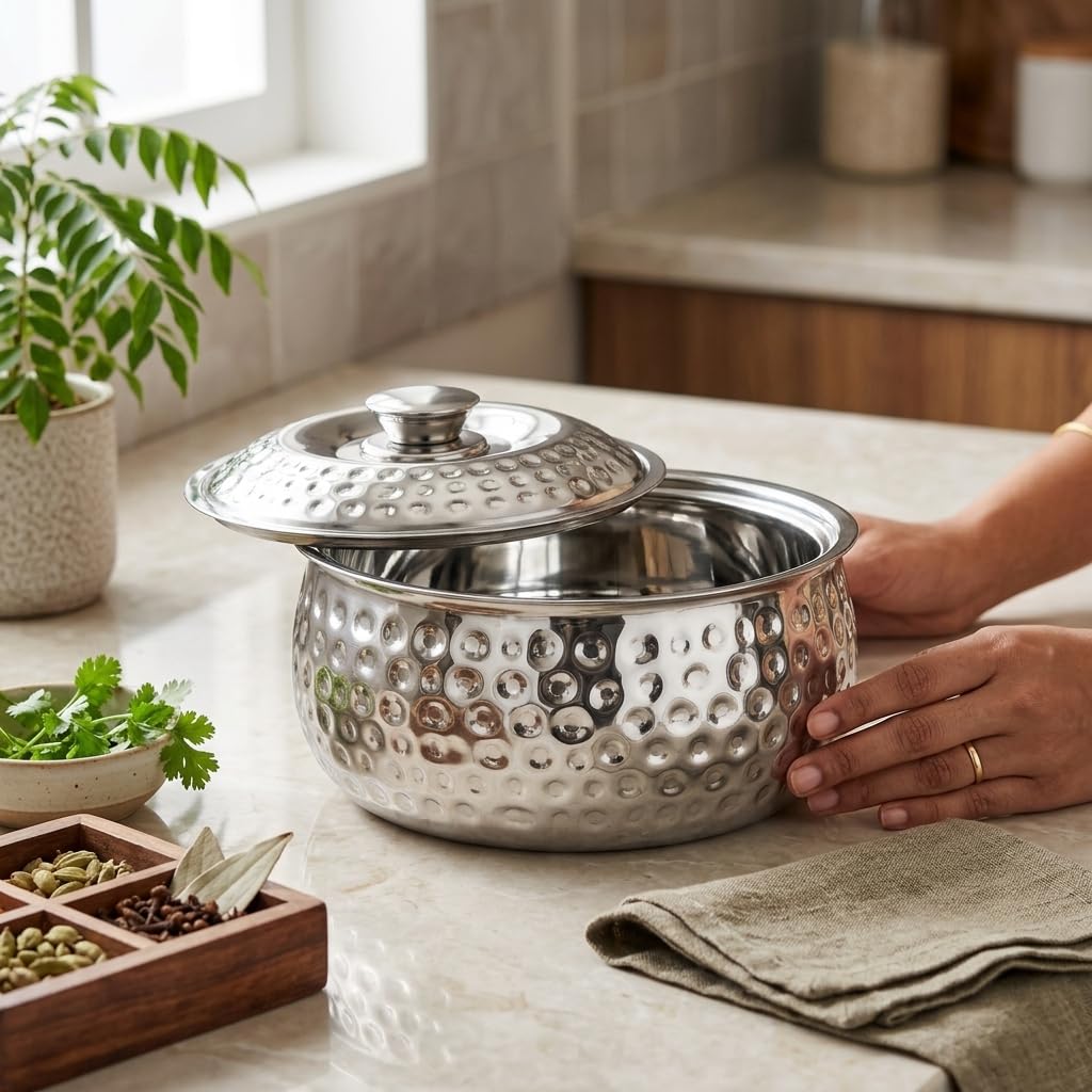 Classic Essentials Tripot Double Wall Insulated Belly Casserole 1500 ml | Stainless Steel Hot Pot Food Storage & Serving Container | Thermal Casserole for Roti, Rice, Dal, Curry & Meals | Pebble Design

