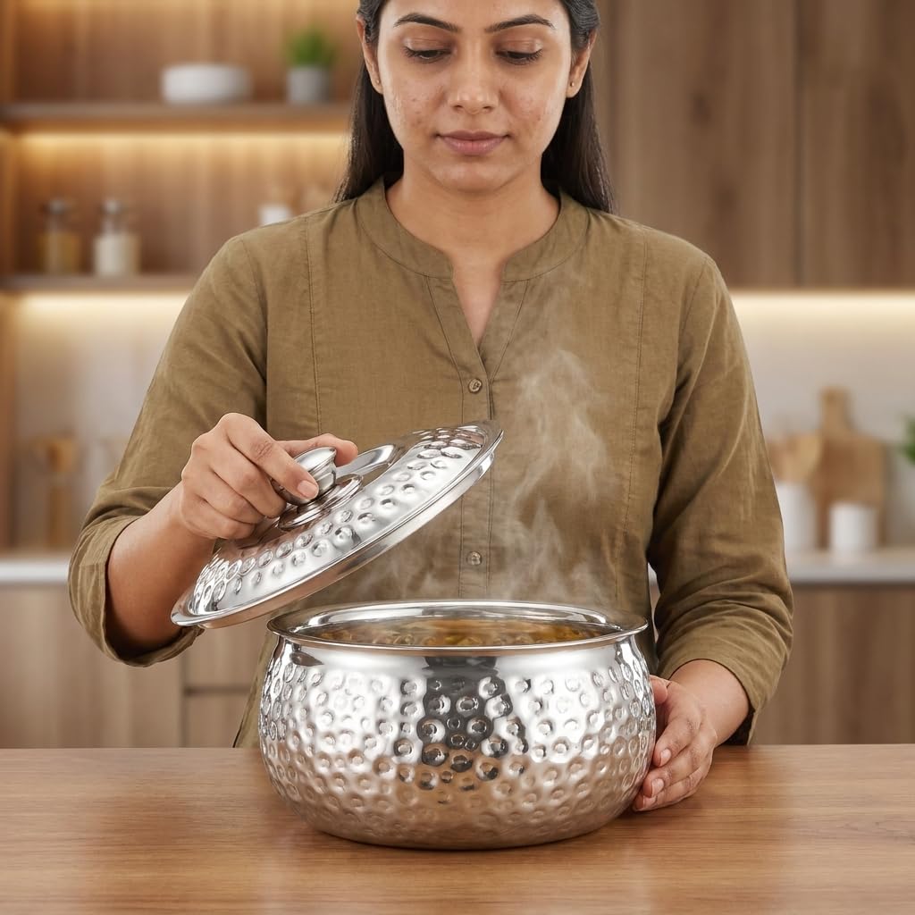 Classic Essentials Tripot Double Wall Insulated Belly Casserole 1500 ml | Stainless Steel Hot Pot Food Storage & Serving Container | Thermal Casserole for Roti, Rice, Dal, Curry & Meals | Pebble Design
