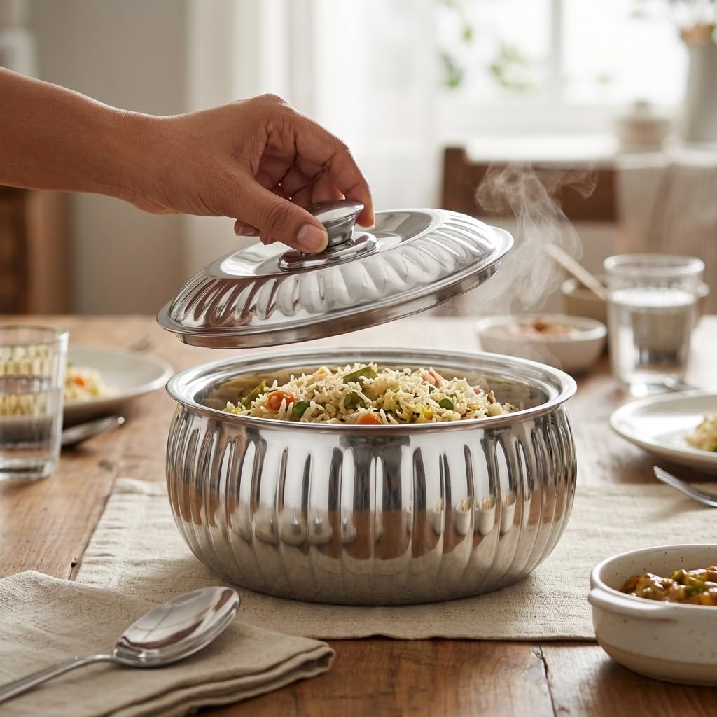 Classic Essentials Tripot Double Wall Insulated Belly Casserole 1500 ml | Stainless Steel Hot Pot Food Storage & Serving Container | Thermal Casserole for Roti, Rice, Dal, Curry & Meals | Lotus Design