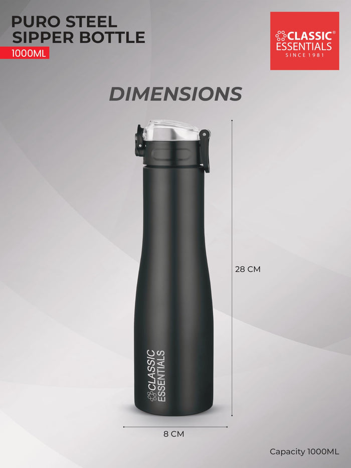 Water Bottle 1 ltr CLASSIC ESSENTIALS Stainless Steel Classic Puro Sipper Bottle for Sports, School, Home, Office, Travel, Capacity: (1000) ml, Color: Black, (Set of 1)