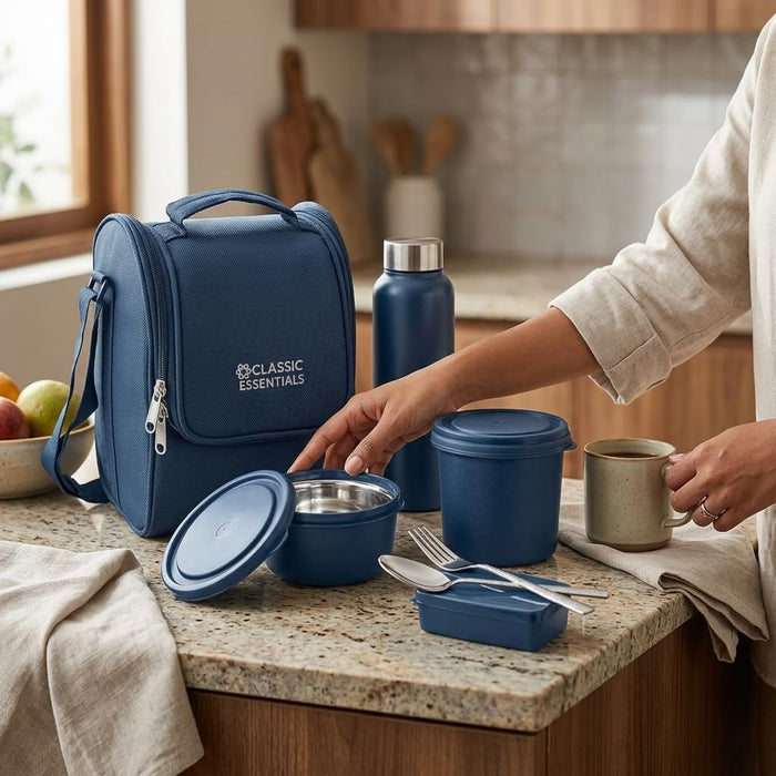 Supreme All in One Lunch Box Combo Pack (Black + Blue) with Insulated Bags & Water Bottles | Microwave Safe Containers with Stainless Steel Inner | Leak Resistant | Ideal for Office, School & Travel