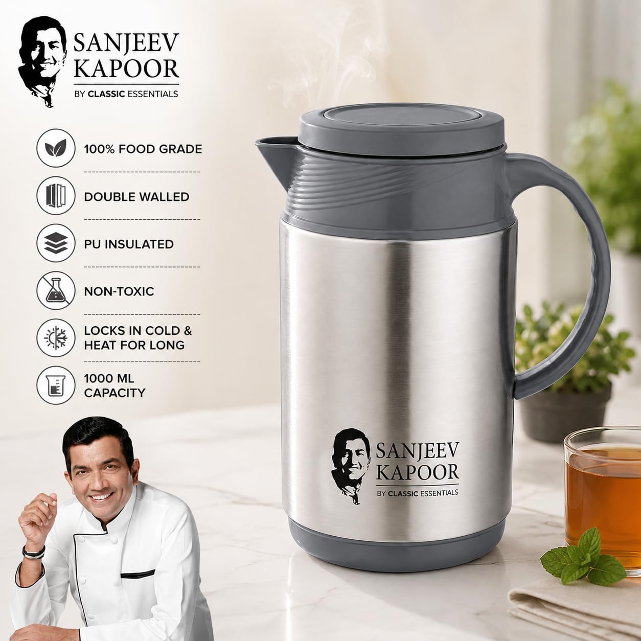 Sanjeev Kapoor by Classic Essentials Stainless Steel Insulated Combo Set | 4.5 Liter Thar Pot, 2000ml Casserole & 1000ml Tea Kettle | Thermoware Water Jug | Hot & Cold Beverage and Meal Serving Set