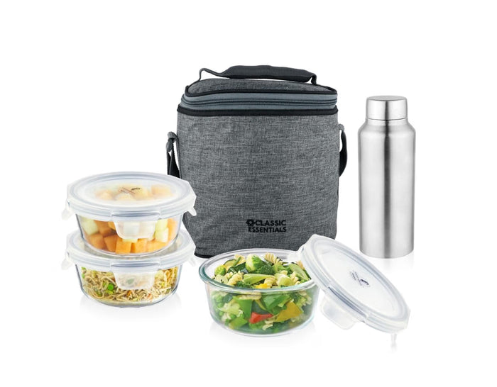 CLASSIC ESSENTIALS Boston 3pc Borosilicate Round Glass Lunch Box for Office  | 3pc Set (400m)  | Microwave & Dishwasher Safe | Tiffin for Office, School, College