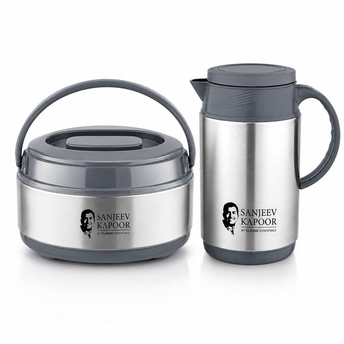 Sanjeev Kapoor by Classic Essentials Stainless Steel Insulated 1000ml Tea Kettle & 2000ml Casserole Combo Set | Double Wall Insulated Hot & Cold Beverage & Meal Server | Food Grade Stainless Steel