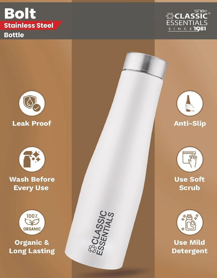 CLASSIC ESSENTIALS Stainless Steel PURO Water Bottle 100% Leak Proof | Office Bottle | Gym Bottle | Hiking & Treking Bottle | Steel Water Bottle 1000 ml Bottle, White - (Set of 1)