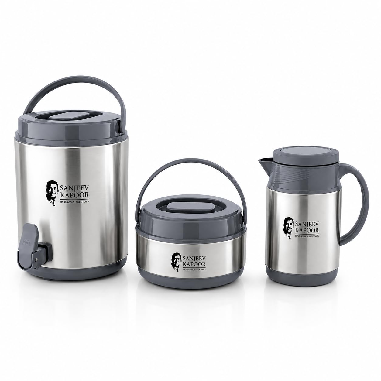 Sanjeev Kapoor by Classic Essentials Stainless Steel Insulated Combo Set | 4.5 Liter Thar Pot, 2000ml Casserole & 1000ml Tea Kettle | Thermoware Water Jug | Hot & Cold Beverage and Meal Serving Set