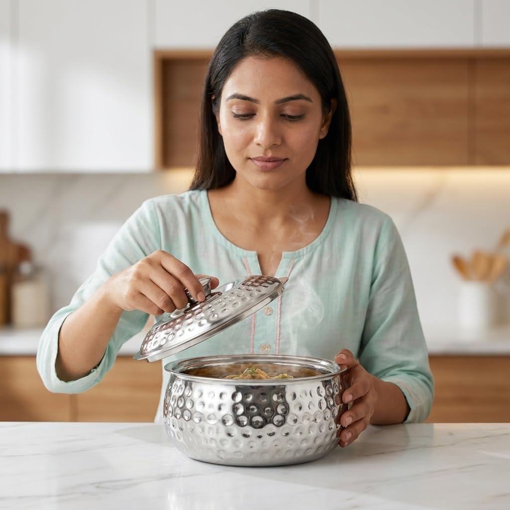 Classic Essentials Tripot Double Wall Insulated Belly Casserole 1500 ml | Stainless Steel Hot Pot Food Storage & Serving Container | Thermal Casserole for Roti, Rice, Dal, Curry & Meals | Pebble Design
