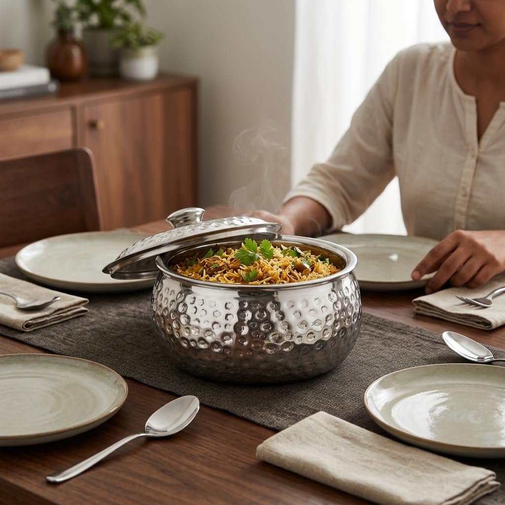 Classic Essentials Tripot Double Wall Insulated Belly Casserole 1500 ml | Stainless Steel Hot Pot Food Storage & Serving Container | Thermal Casserole for Roti, Rice, Dal, Curry & Meals | Pebble Design

