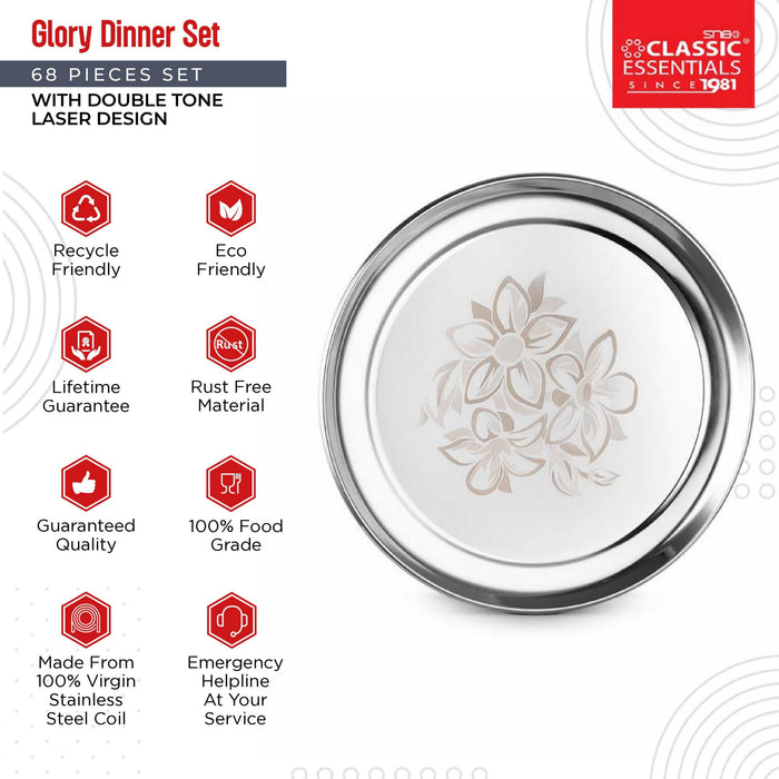 Stainless Steel Glory Dinner Set of 68 Piece, Silver