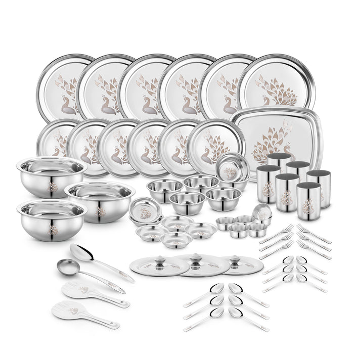 Classic Essentials Stainless Steel Dinner Set | Serves 6 People | Heavy Gauge | Kitchen Set | Permanent Laser-Peacock (Set of 68)