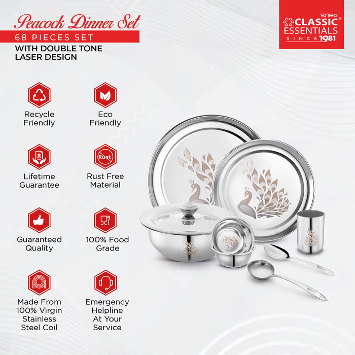 Classic Essentials Stainless Steel Dinner Set | Serves 6 People | Heavy Gauge | Kitchen Set | Permanent Laser-Peacock (Set of 68)