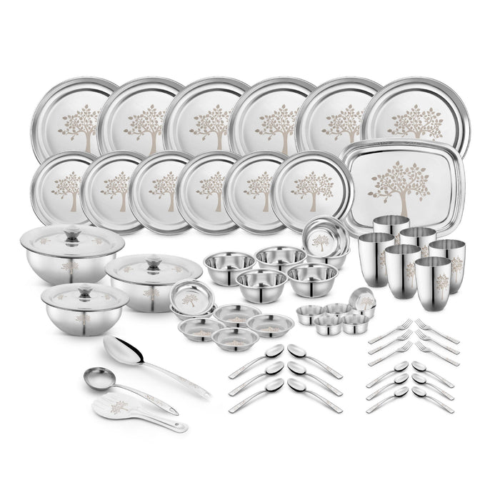 Stainless Steel Vriksha Dinner Set of 68 Piece, Silver