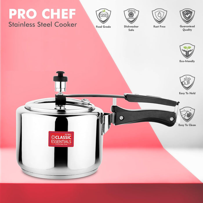 Classic Essentials Prochef Stainless Steel Cooker | ISI Certified Inner Lid Pressure Cooker | Non Reactive, Non Toxic & Non Staining Food Grade Surface | Long Lasting Sealing Gasket (3 liter)