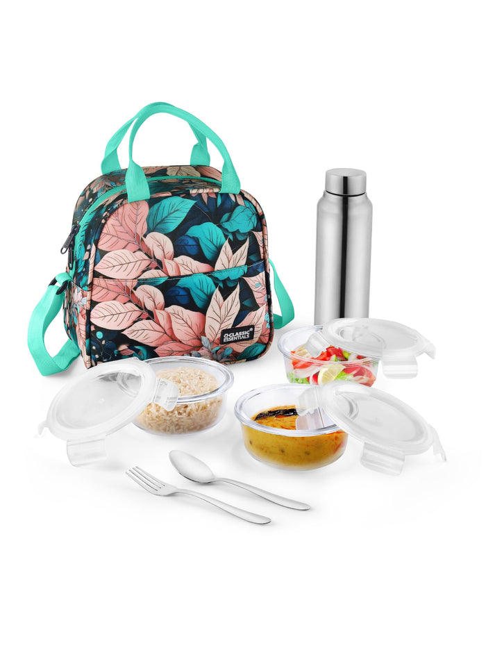 Classic Essentials Borosilicate Glass Lunch Box Set of 6 (3x400ml with  750 ml steel Water Bottle & 1 Fork & 1 Spoon ,Microwave & Dishwasher Safe, Leakproof Containers with Lunch Bag