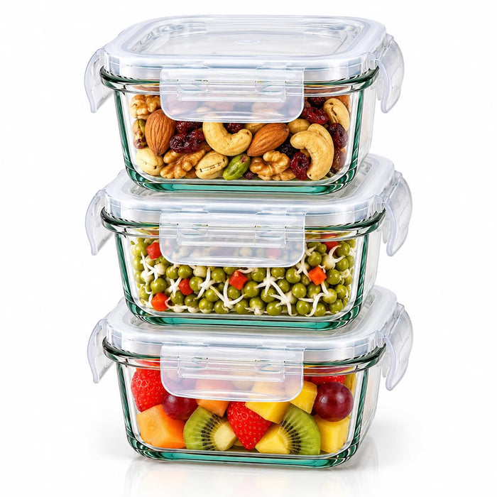 CLASSIC ESSENTIALS Glass Storage Container Set of 3, 520 ml Each | Food Storage Containers for Pasta, Chowmein, Dry Fruits, Groceries & Fruits | Freezer & Microwave Safe Kitchen Containers Square