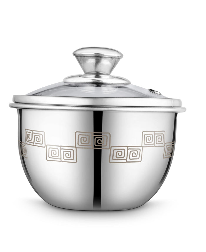 Sanjeev Kapoor Classic Essentials Stainless Steel Mixing & Serving Bowl (1900ml) – Aztec Laser Design, Mirror Finish, Microwave-Safe