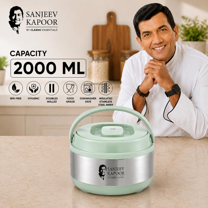 Sanjeev Kapoor by Classic Essentials Stainless Steel Insulated Hot Meal Serving Volga Casserole (2000 ml) Casserole with Lid for Roti/Chapati | Double Wall Insulated Hot Meal/Chapati/Curry Set Green