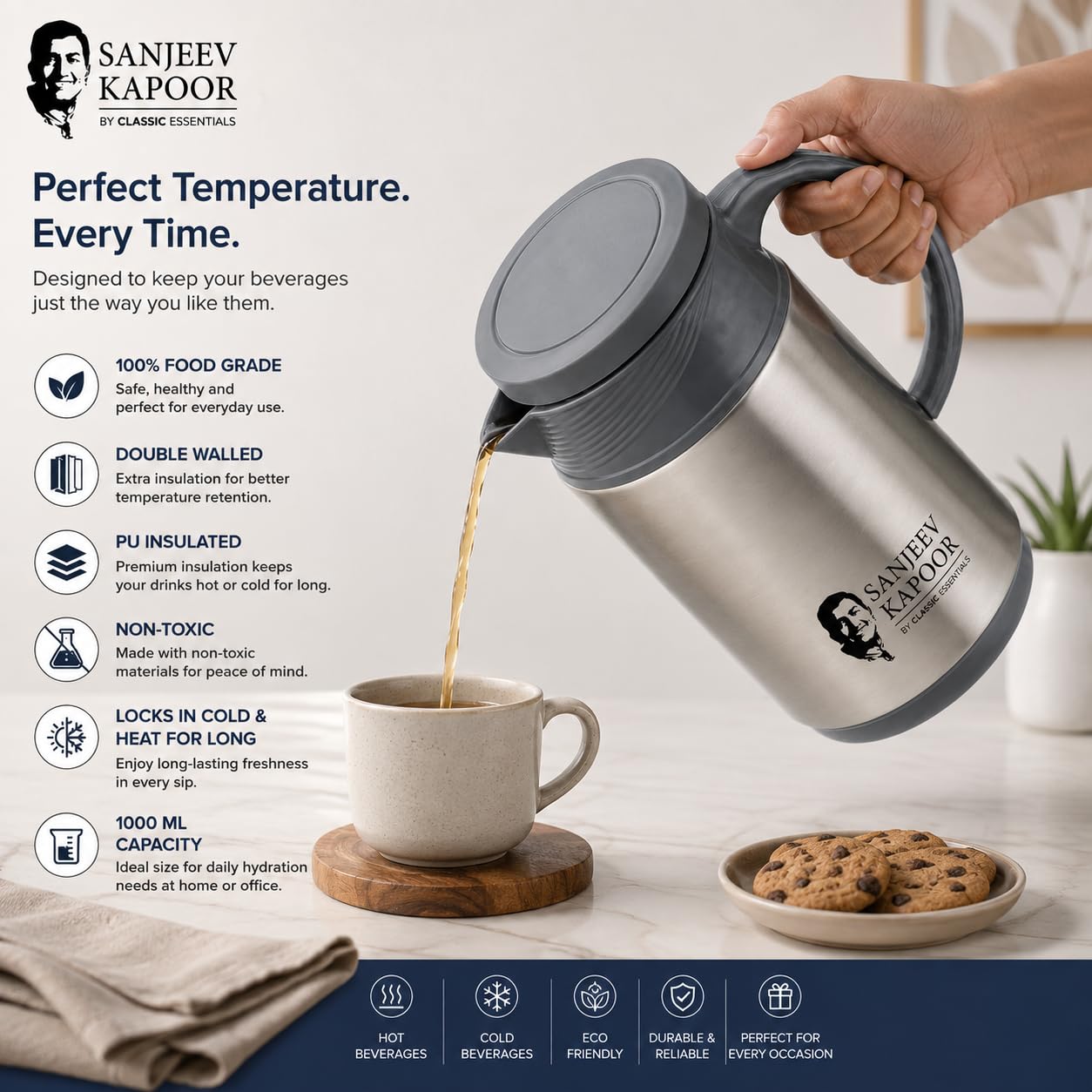 Sanjeev Kapoor by Classic Essentials Stainless Steel Insulated Combo Set | 4.5 Liter Thar Pot, 2000ml Casserole & 1000ml Tea Kettle | Thermoware Water Jug | Hot & Cold Beverage and Meal Serving Set