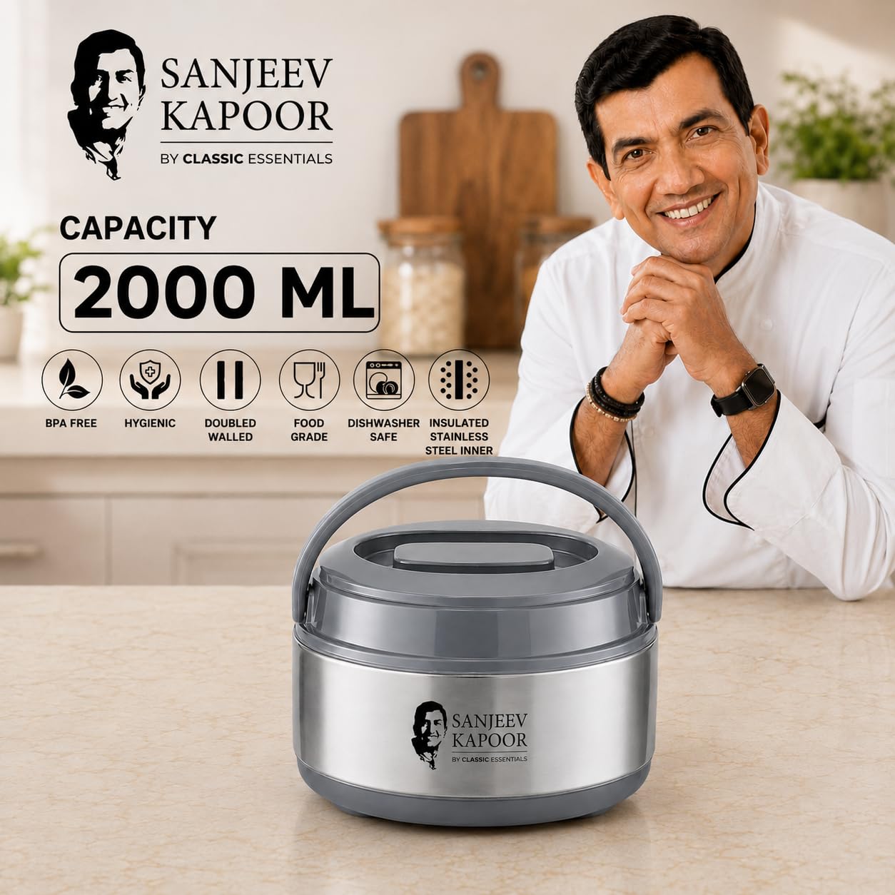 Sanjeev Kapoor by Classic Essentials Stainless Steel Insulated Set | 2000ml Casserole & 4.5 Liter Thar Pot Thermoware Water Jug | Double Wall Insulated Hot Meal & Beverage Server | Food Grade Steel