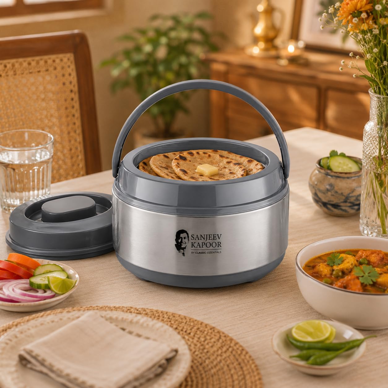 Sanjeev Kapoor by Classic Essentials Stainless Steel Insulated Combo Set | 4.5 Liter Thar Pot, 2000ml Casserole & 1000ml Tea Kettle | Thermoware Water Jug | Hot & Cold Beverage and Meal Serving Set