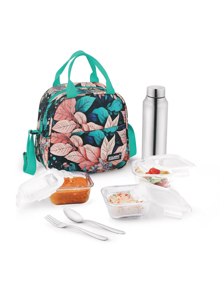 CLASSIC ESSENTIALS Borosilicate Glass Lunch Box Set of 3 with 320ml Containers, 750ml Stainless Steel Bottle, Cutlery & Lunch Bag – Microwave & Dishwasher Safe, Leakproof Office Tiffin Set