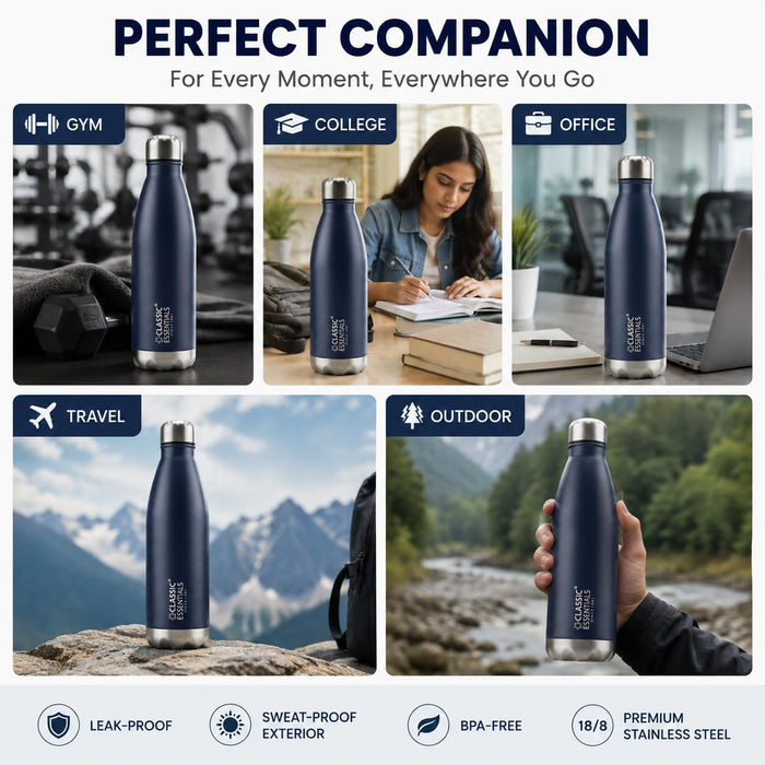 Classic Essentials Insulated Double Wall Stainless Steel Water Bottle 750 ML | 12 Hours Hot & 24 Hours Cold | Vacuum Insulated, Leakproof Bottle for Home, Office, Gym & Travel (Navy Blue)