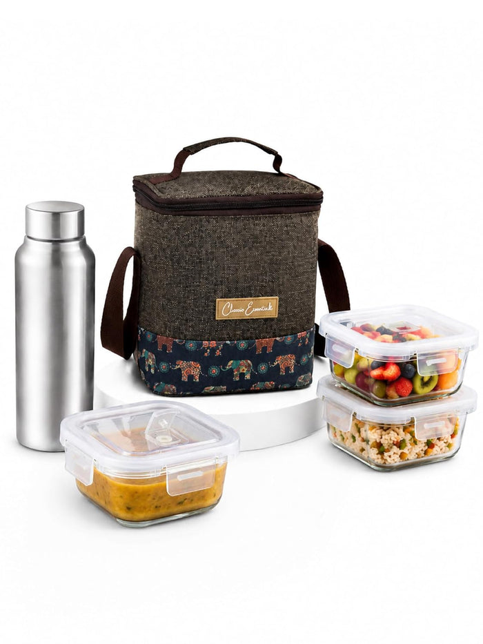 CLASSIC ESSENTIALS TerraDine Borosilicate Glass Microwave Safe Lunch Box Set of 3, 320 ML Each with Bottle | Square Leakproof Glass Food Storage Containers with Lids | School, Office Travel Lunch Box
