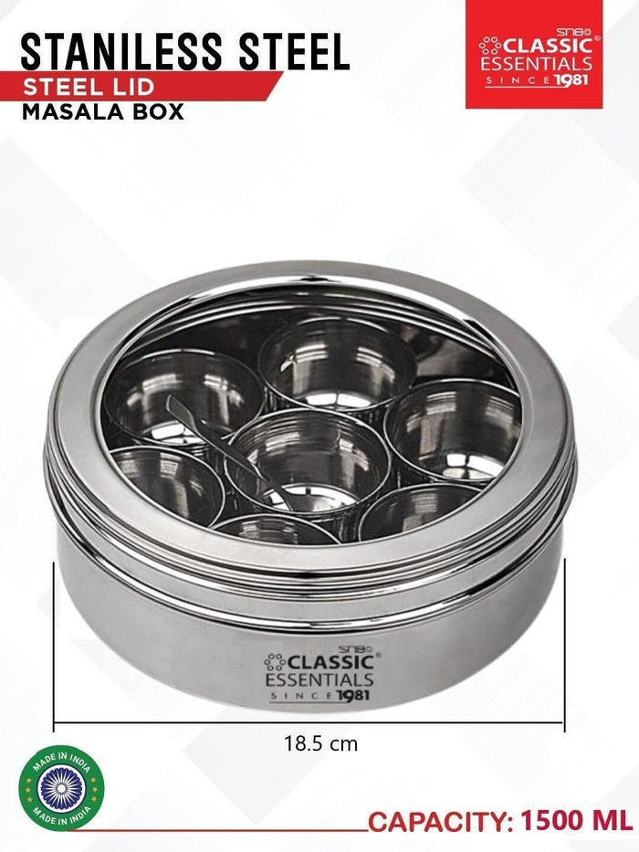 CLASSIC ESSENTIALS Stainless Steel Spice Set/Masala Box | 1500 ml Kitchen Spice Storage Container | Durable Stainless Steel Masala Dabba for Kitchen Organization | Condiment Set (1 Piece)