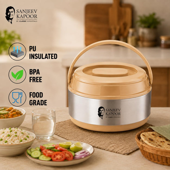 Sanjeev Kapoor by Classic Essentials Stainless Steel Insulated Hot Meal Serving Volga Casserole (2000 ml) Casserole with Lid for Roti/Chapati | Double Wall Insulated Hot Meal/Chapati/Curry Set Beige