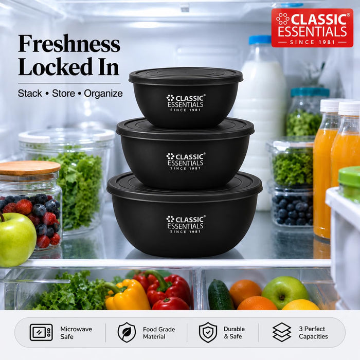 CLASSIC ESSENTIALS Stainless Steel Microwave Safe Mixing Bowls Set with Lid Black | Food Serving & Storage Containers for Modern Kitchen, Set of 3 (500 ml, 750 ml & 1250 ml) | Black