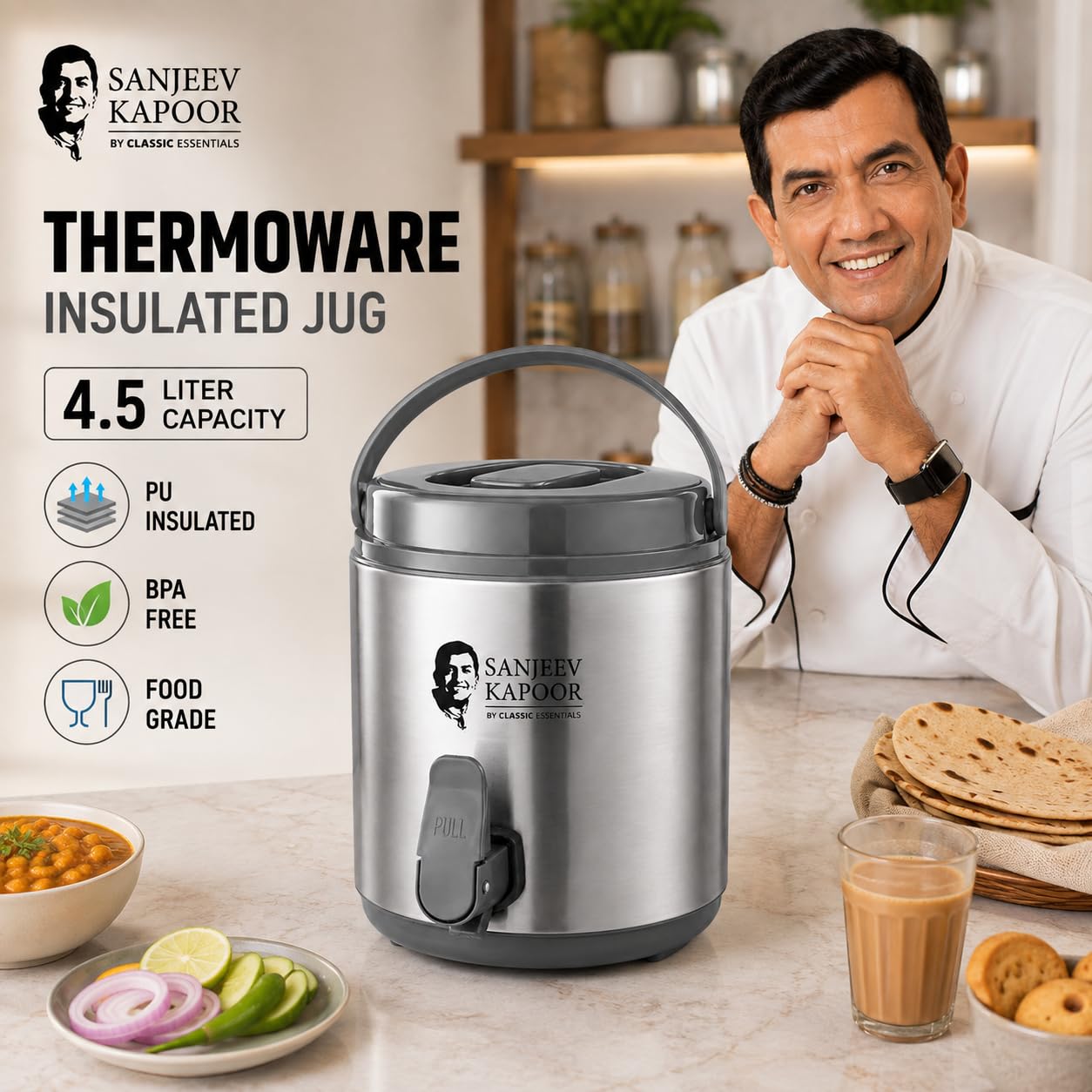 Sanjeev Kapoor by Classic Essentials Stainless Steel Insulated Combo Set | 4.5 Liter Thar Pot, 2000ml Casserole & 1000ml Tea Kettle | Thermoware Water Jug | Hot & Cold Beverage and Meal Serving Set