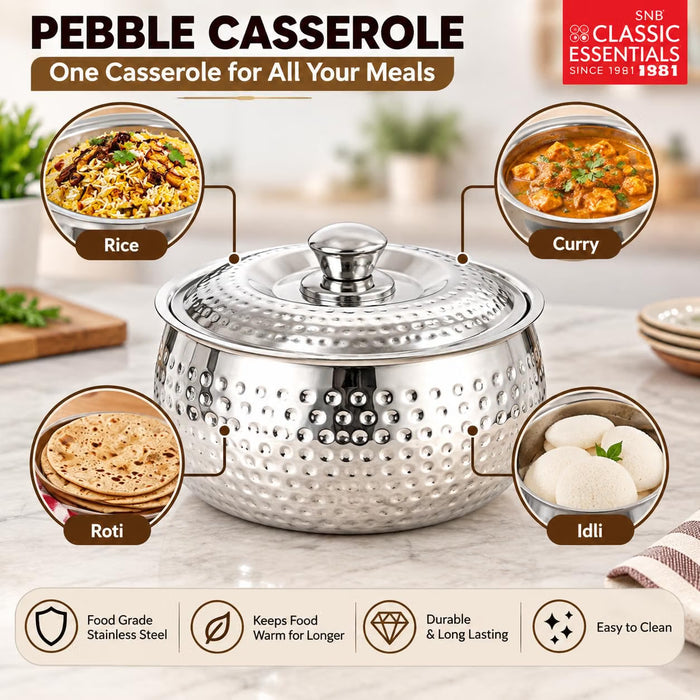 CLASSIC ESSENTIALS Tripot Double Wall Insulated Stainless Steel Pebble Casserole 2100 ml | Hot Pot Food Storage & Serving Container | Thermal Belly Casserole for Roti, Rice, Dal, Curry & Meals