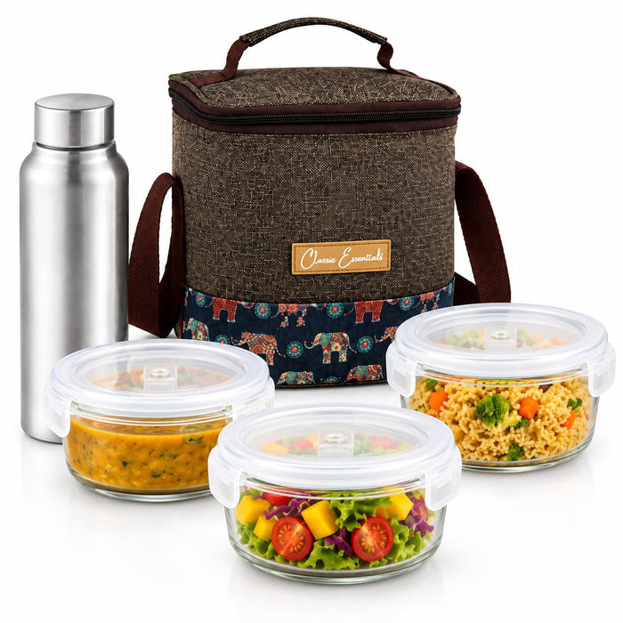 CLASSIC ESSENTIALS TerraDine Borosilicate Glass Microwave Safe Lunch Box Set of 3, 400 ML Each with Bottle | Round Leakproof Glass Food Storage Containers with Lids | School, Office Travel Lunch Box