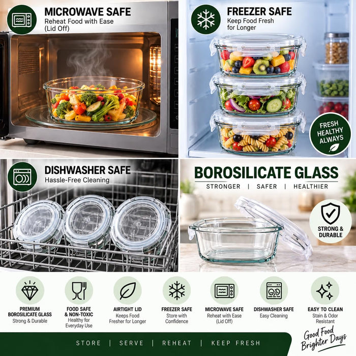 CLASSIC ESSENTIALS Glass Storage Container Set of 3, 950 ml Each | Food Storage Containers for Pasta, Chowmein, Dry Fruits, Groceries & Fruits | Freezer & Microwave Safe Kitchen Containers Round