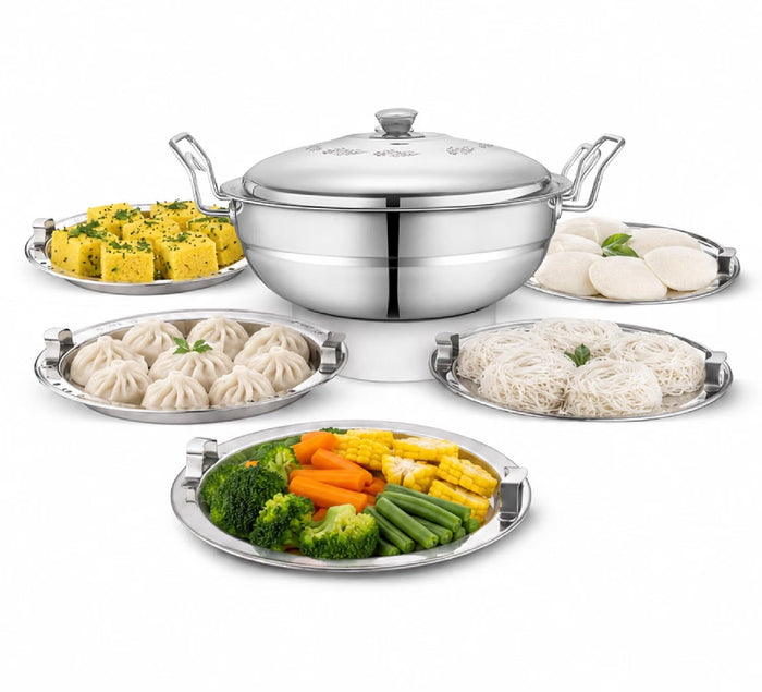 Classic Essentials Multi Kadhai Stainless Steel Idli Maker 28 cm, 4.4 Liter Set of 5 | 14 Idli (2 Plates), 1 Steamer Plate | Induction & Gas Compatible | Ideal for Idli, Momos & Steaming Vegetables