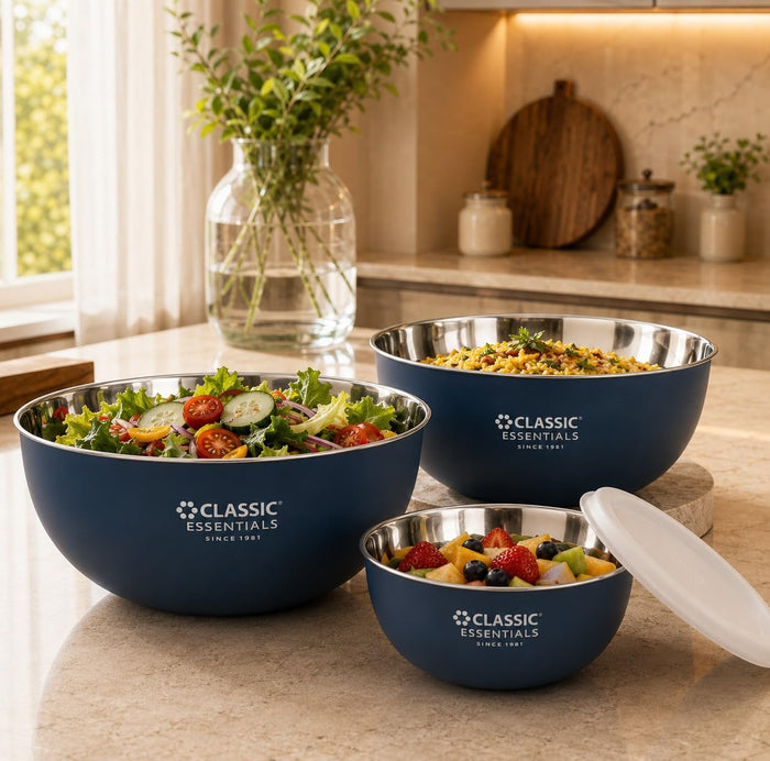 CLASSIC ESSENTIALS Stainless Steel Microwave Safe Mixing Bowls Set with Lids | Bowl Set of 3, (500 ml, 750 ml & 1250 ml) | Food Serving & Storage Containers | Scratch Resistant | Dark Blue, White