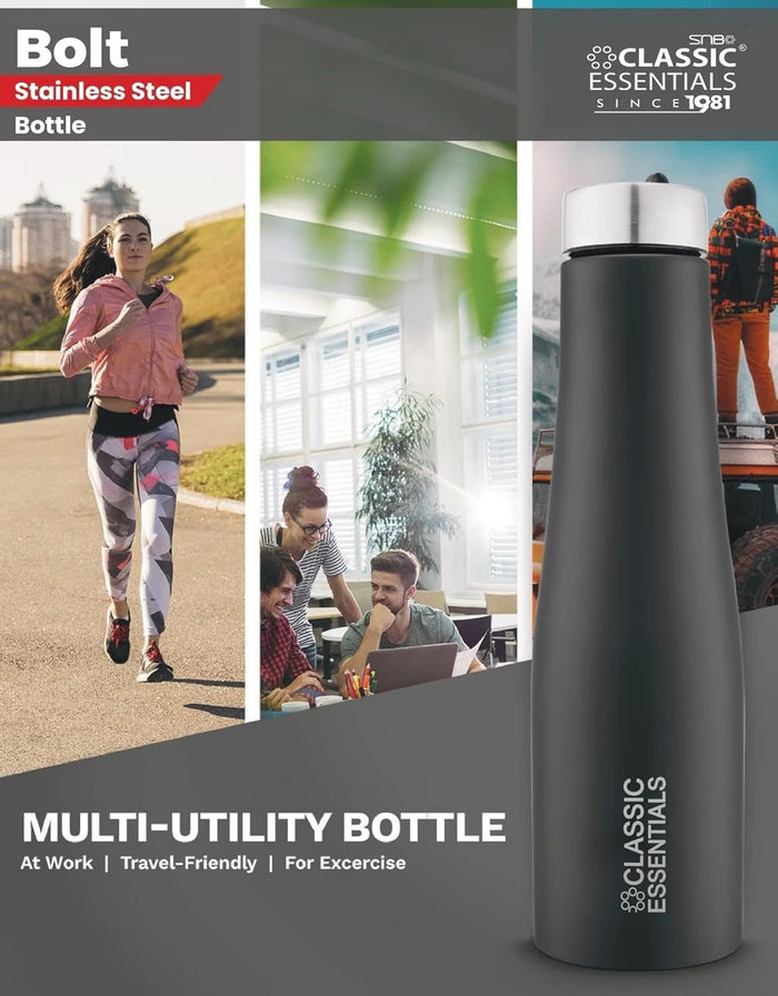 CLASSIC ESSENTIALS Stainless Steel INOX CARBO Water Bottle – 1000 ml (Black) | Single Wall, Leak-Proof & BPA-Free | Eco-Friendly Bottle for Office, Gym, Home, Travel, Hiking & Trekking