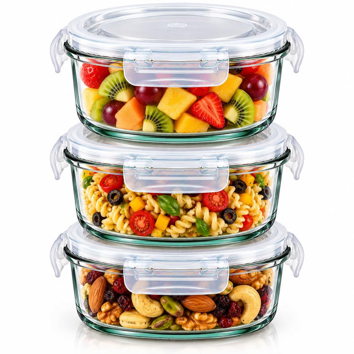 CLASSIC ESSENTIALS Glass Storage Container Set of 3, 950 ml Each | Food Storage Containers for Pasta, Chowmein, Dry Fruits, Groceries & Fruits | Freezer & Microwave Safe Kitchen Containers Round