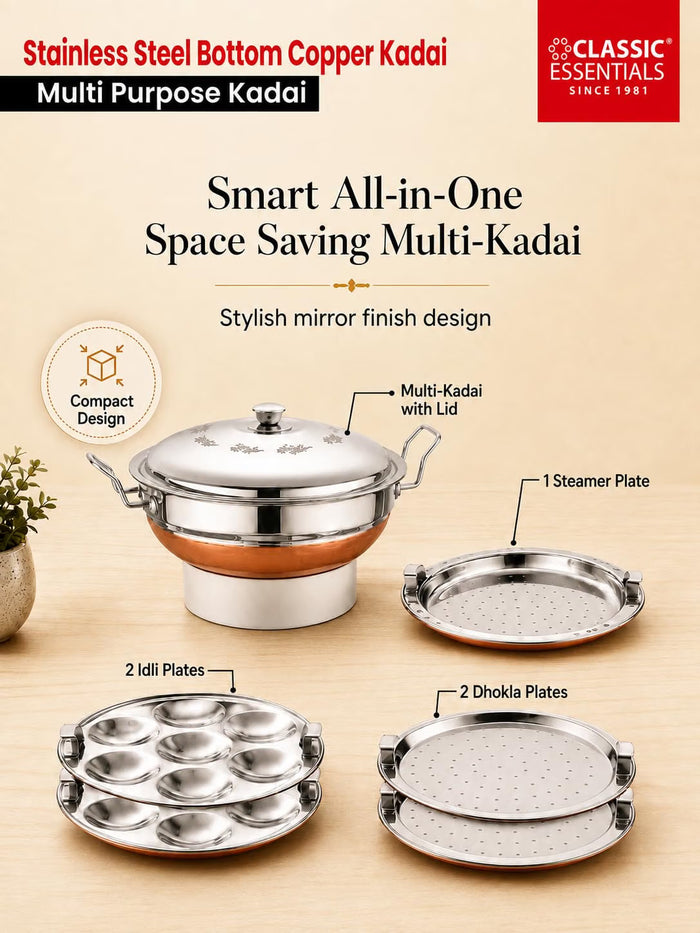 Classic Essentials Multi Copper Kadhai Stainless Steel Idli Maker 28 cm, 4.4 Liter Set of 5 | 14 Idli (2 Plates), 1 Steamer Plate | Induction & Gas Compatible | Ideal for Idli, Momos & Steaming Vegetables