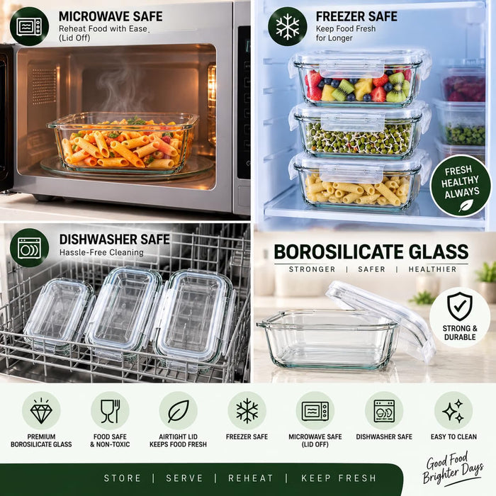 CLASSIC ESSENTIALS Glass Storage Container Set of 3, 520 ml Each | Food Storage Containers for Pasta, Chowmein, Dry Fruits, Groceries & Fruits | Freezer & Microwave Safe Kitchen Containers Square