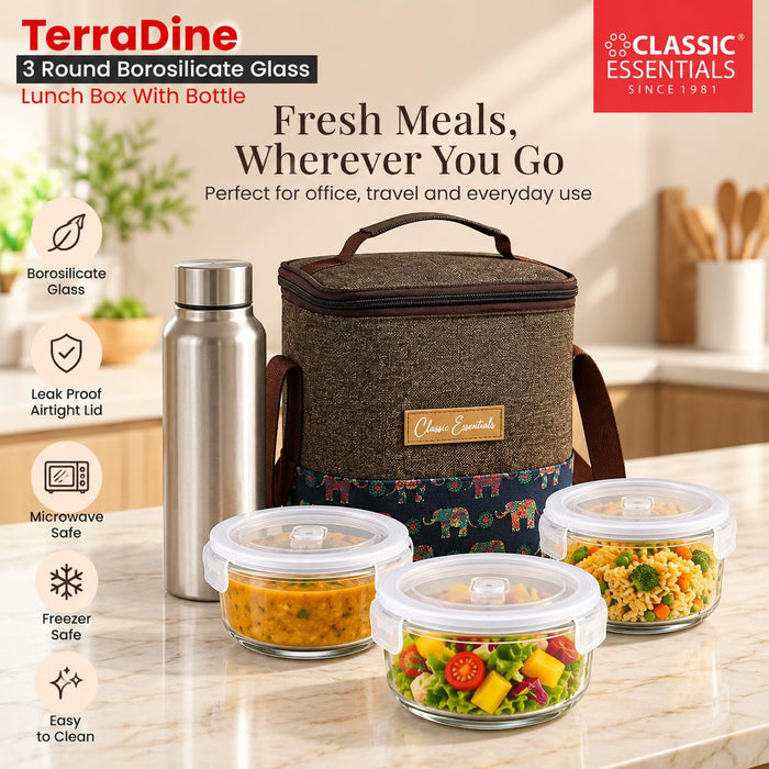 CLASSIC ESSENTIALS TerraDine Borosilicate Glass Microwave Safe Lunch Box Set of 3, 400 ML Each with Bottle | Round Leakproof Glass Food Storage Containers with Lids | School, Office Travel Lunch Box