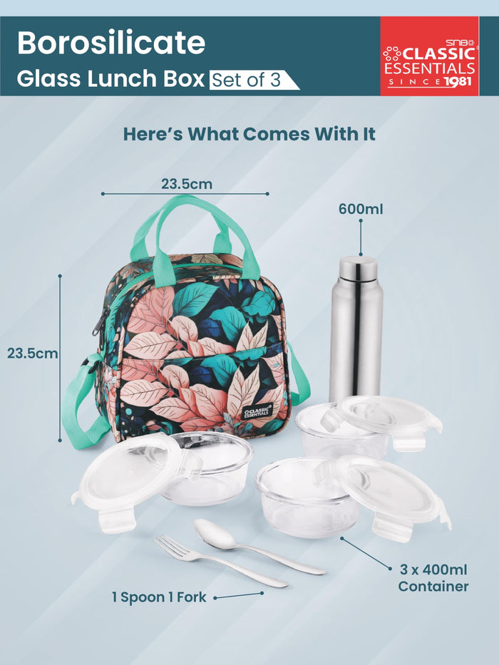 Classic Essentials Borosilicate Glass Lunch Box Set of 6 (3x400ml with  750 ml steel Water Bottle & 1 Fork & 1 Spoon ,Microwave & Dishwasher Safe, Leakproof Containers with Lunch Bag