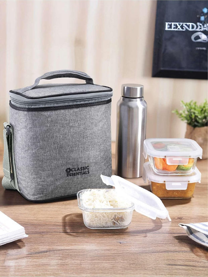 CLASSIC ESSENTIALS Boston 3pc Borosilicate Square Glass Lunchbox Set with Bottle | 3pc Set (320ml) + 1 Bottle | Microwave & Dishwasher Safe | Tiffin for Office, School, College