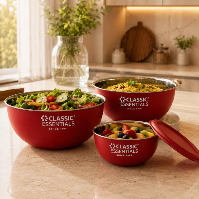 CLASSIC ESSENTIALS Stainless Steel Microwave Safe Mixing Bowls Set with Lids | Bowl Set of 3, (500 ml, 750 ml & 1250 ml) | Food Serving & Storage Containers | Scratch Resistant | Red