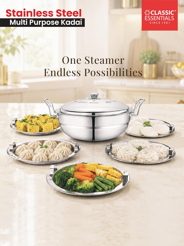 Classic Essentials Multi Kadhai Stainless Steel Idli Maker 28 cm, 4.4 Liter Set of 5 | 14 Idli (2 Plates), 1 Steamer Plate | Induction & Gas Compatible | Ideal for Idli, Momos & Steaming Vegetables