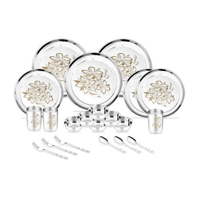 Classic Essentials Stainless Steel Glory Dinner Set | Kitchen Set for Home | Heavy Gauge Stainless Steel | Bartan Set | Permanent Glory Design Laser Engraved | Shagun Set, Set of 21