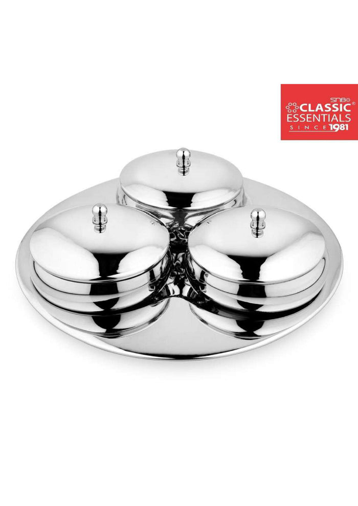 Stainless Steel Serving Bowl Set with Lids & Tray – Multipurpose Dry Fruit & Snack Server (3 Bowls)