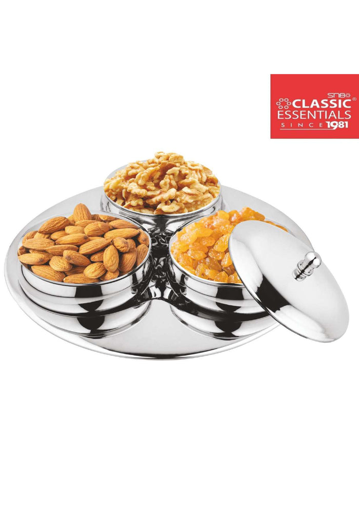 Stainless Steel Serving Bowl Set with Lids & Tray – Multipurpose Dry Fruit & Snack Server (3 Bowls)