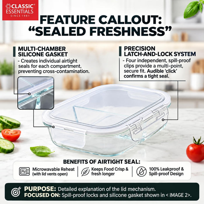 CLASSIC ESSENTIALS Borosilicate Glass Lunch Box 640ml | Microwave Safe Glass Food Container | Leakproof Airtight Lid | BPA-Free | Freezer, Oven Safe & Ideal for Office, School & Home