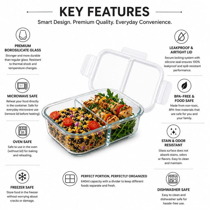 CLASSIC ESSENTIALS Borosilicate Glass Lunch Box 640ml | Microwave Safe Glass Food Container | Leakproof Airtight Lid | BPA-Free | Freezer, Oven Safe & Ideal for Office, School & Home